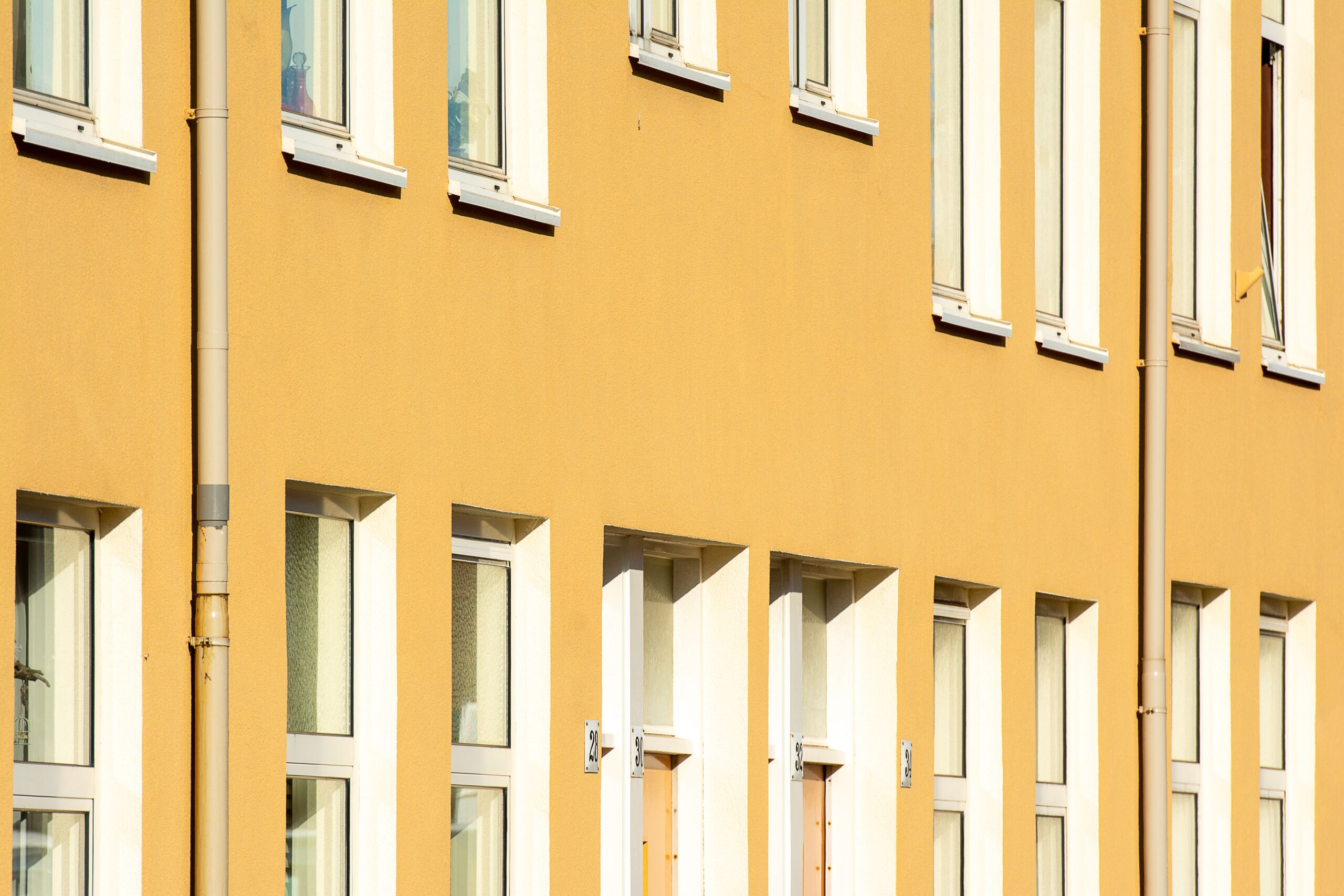 Reihenhausfassade in warmem Gelb mit weiß abgesetzten Fenstern und Eingangstüren im Sonnenlicht