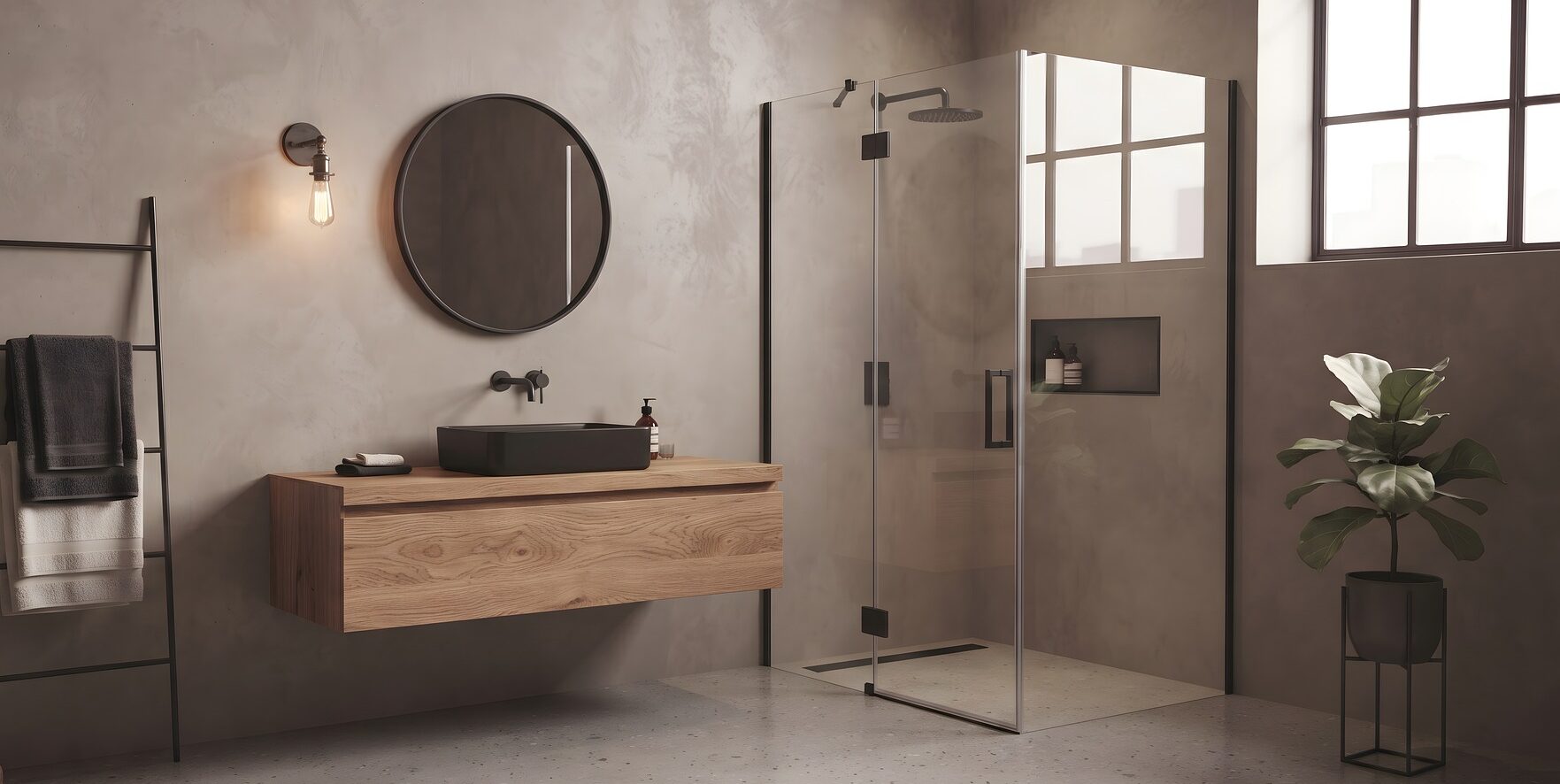 Modernes Bad mit fugenlosen Wänden und Boden in Betonoptik, bodengleicher Glasdusche, Waschtisch aus Holz und rundem Spiegel